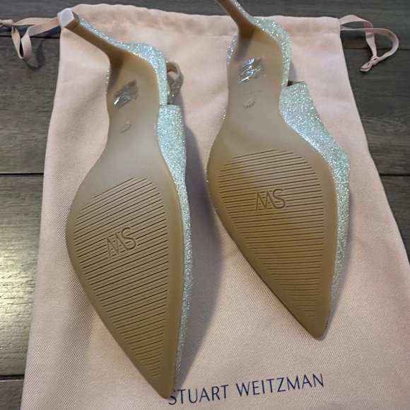 STUART WEITZMAN Linsi 75 Slingback Leather Pump in Glitter Platino FLAW